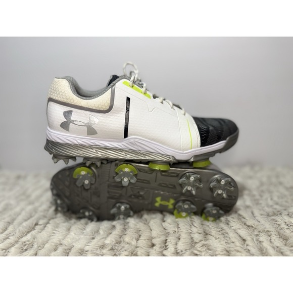Under Armour Golf Shoes Boys Youth Size 6 White Black Lime Green Spiked Cleats - Picture 2 of 10